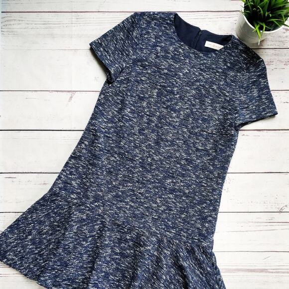TORY BURCH Margarite Short SleeveTweed Knee-Length Dress Navy S - Picture 1 of 8